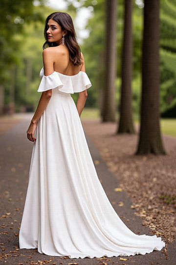 White Satin A Line Sweep Train Wedding Dress with Ruffles